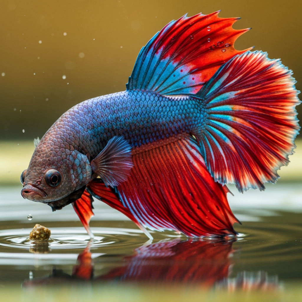 Halfmoon betta eating a pellet at the water surface