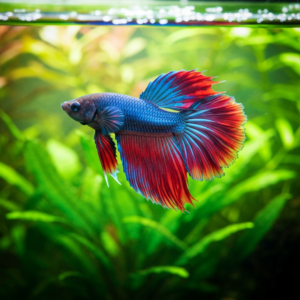 A vibrant betta fish with flowing fins in an aquarium