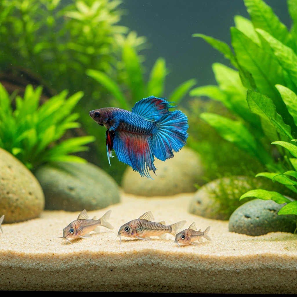 Betta fish with corydoras catfish in a planted aquarium